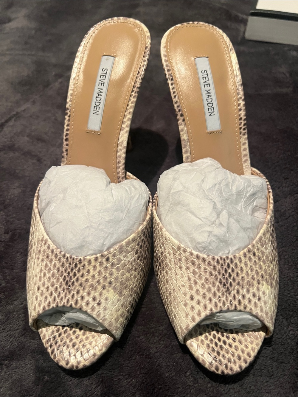 Steve Madden Beige Snakeskin Peep-Toe Slide Mules Priya Style